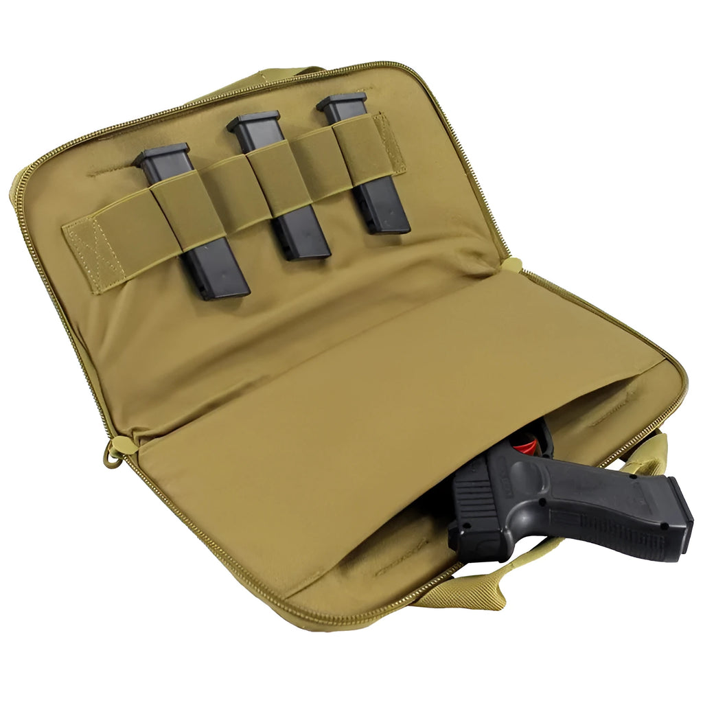 Tactical gun bag in Khaki colour with thick webbing and 15-inch size for pistol storage