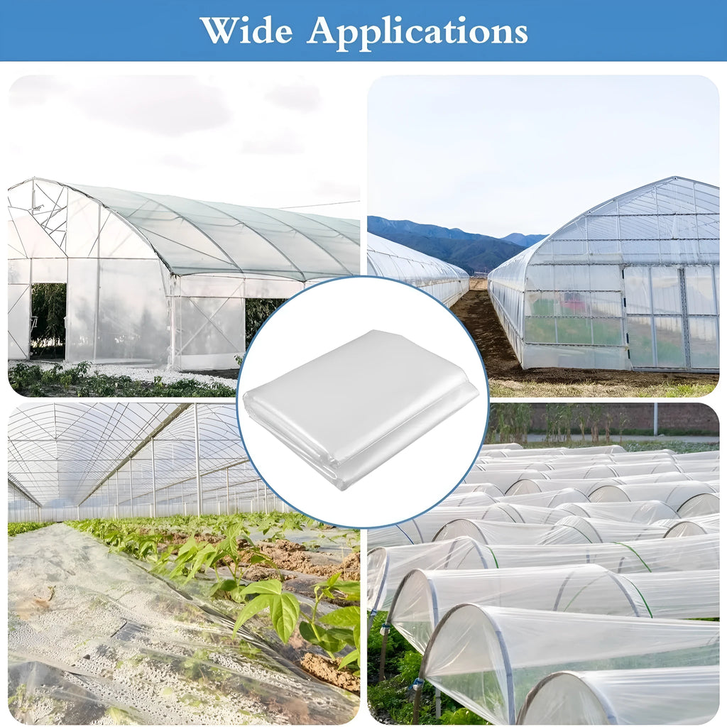 Clear plastic greenhouse film roll for vegetable shed insulation, 4 metres by 8 metres.