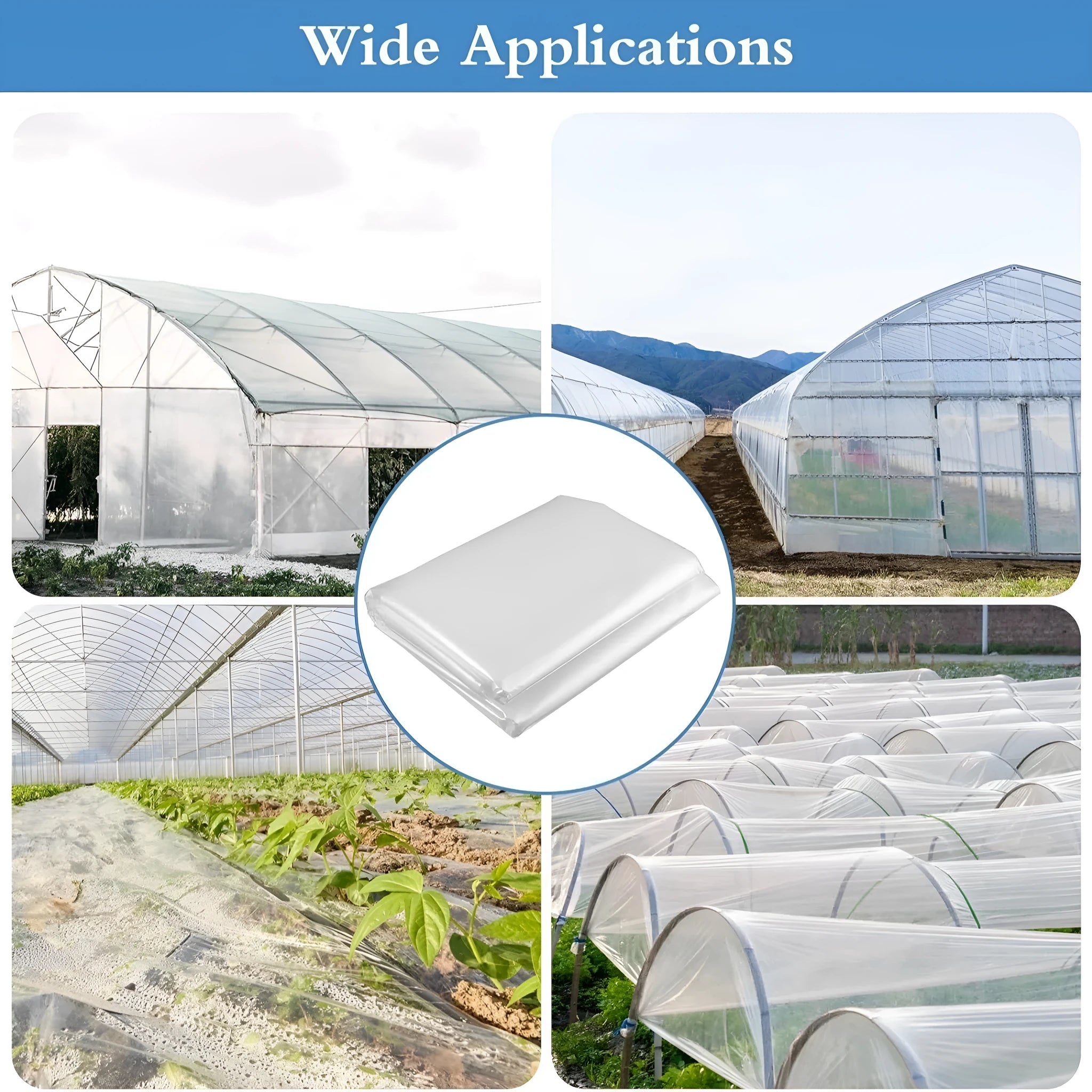 Clear plastic greenhouse film roll for vegetable shed insulation, 4 metres by 8 metres.
