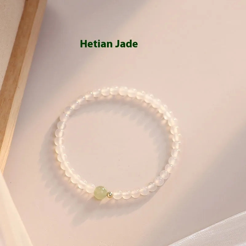 Handcrafted white agate women's bracelet with natural stone beads, 15 cm length, New Chinese style