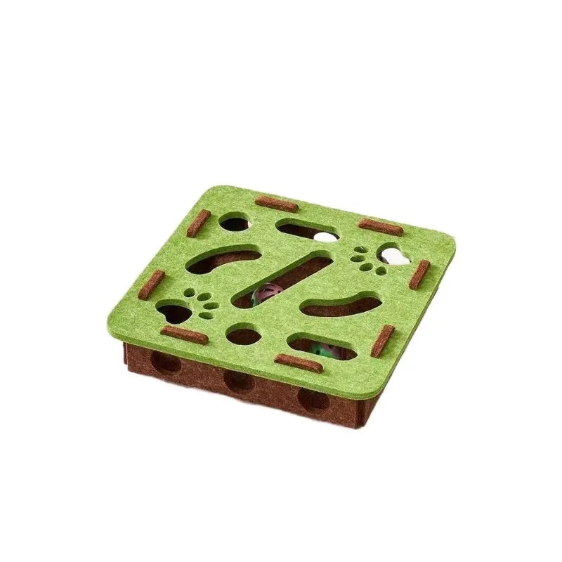 Green brown felt box cat toy with a circular hole, dimensions 30cm by 30cm.
