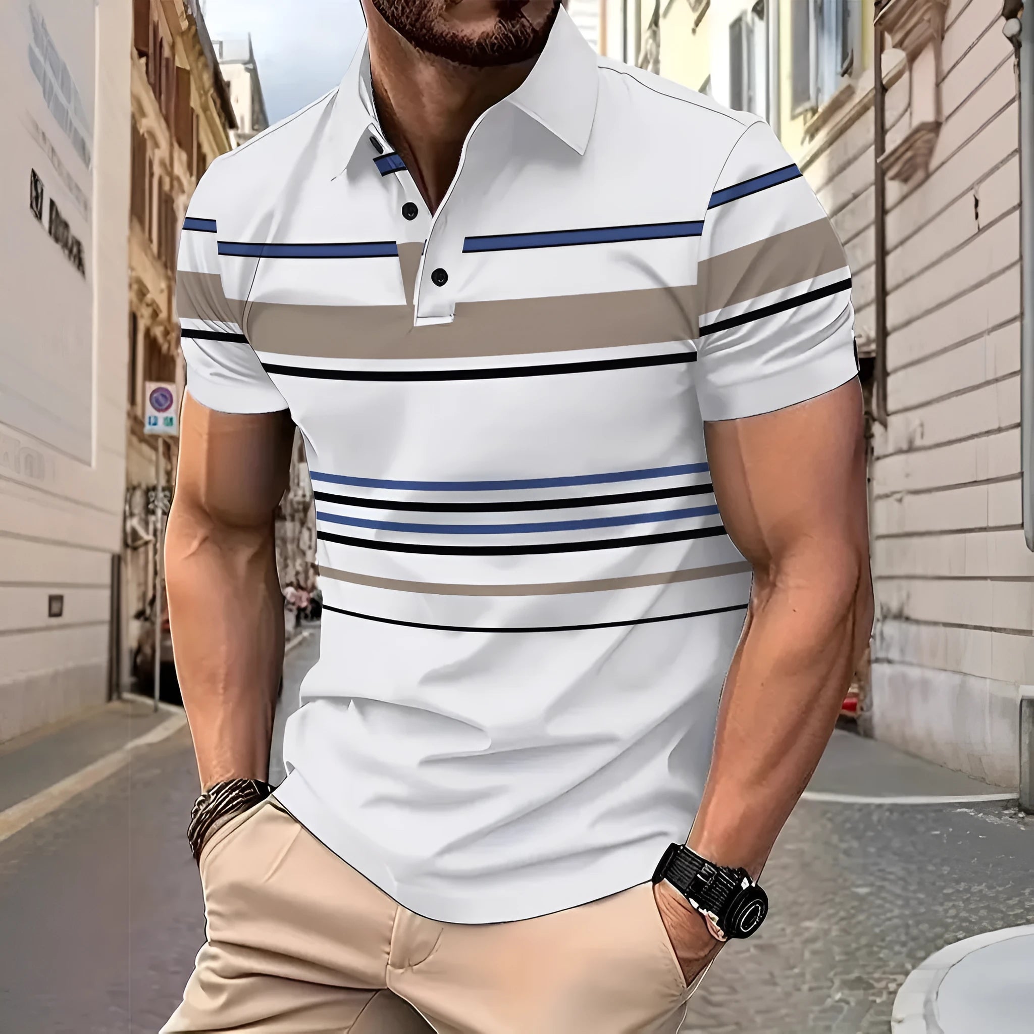 White striped men's short sleeve T-shirt on hanger showing slim fit styling