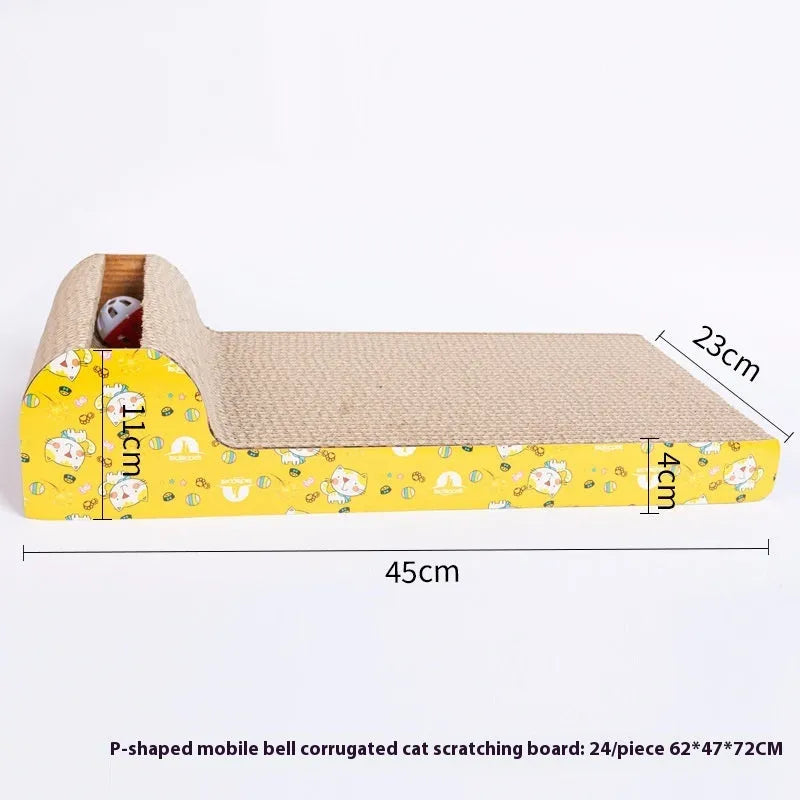 Leather-trimmed cat scratch board with corrugated paper surface in a bone shape style.