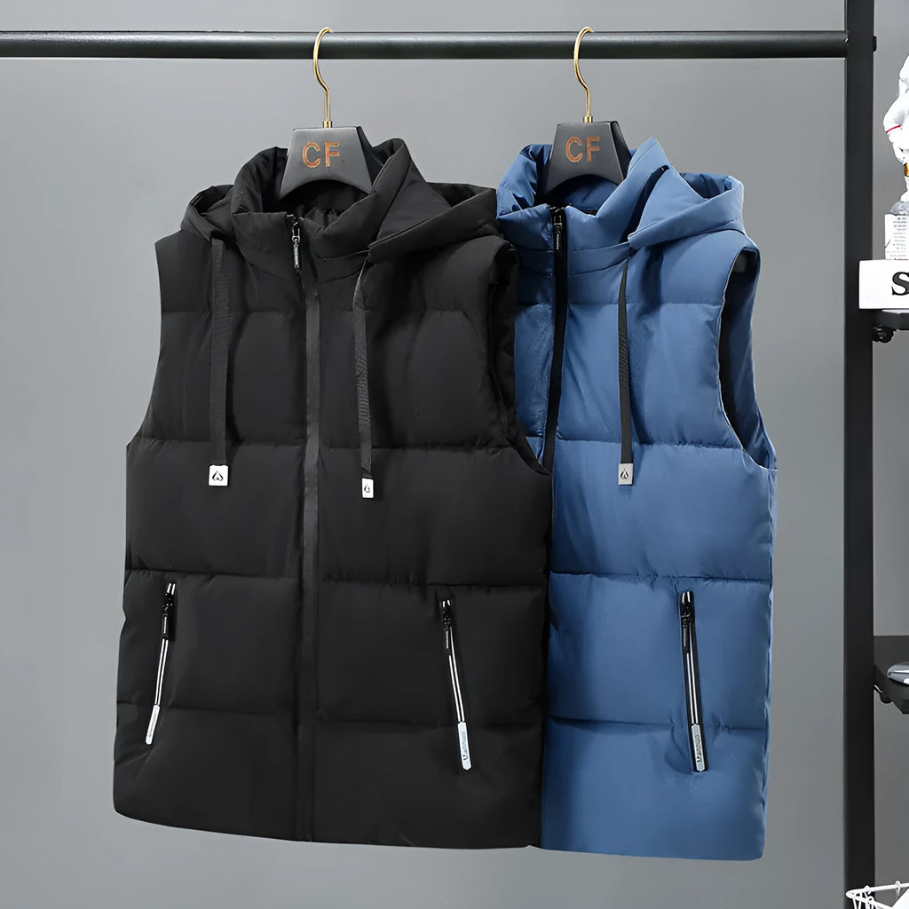 Men's black and blue thickened vest with removable cap and straight hem design