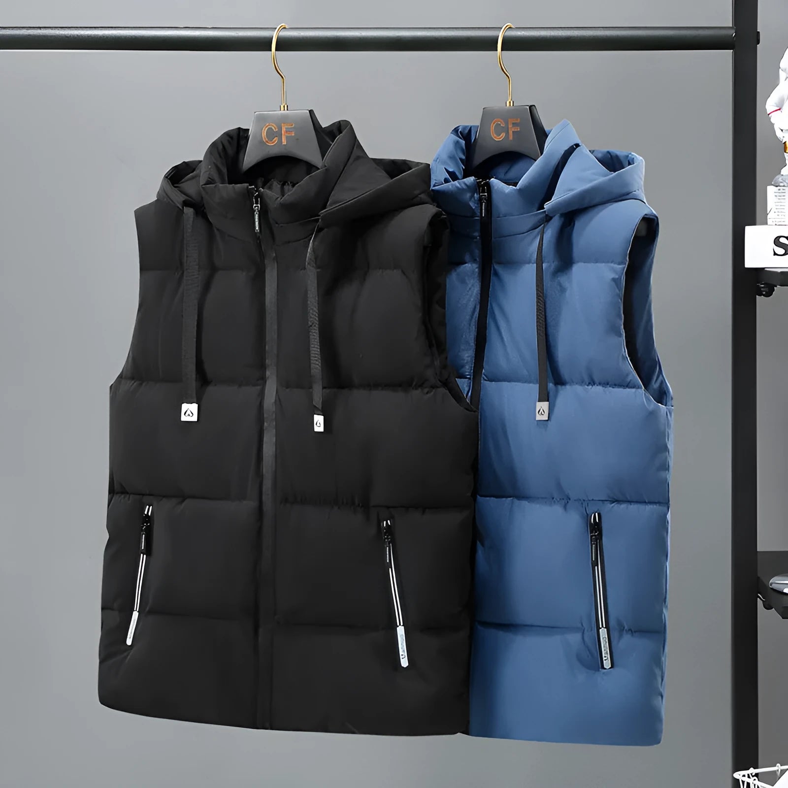 Men's black and blue thickened vest with removable cap and straight hem design