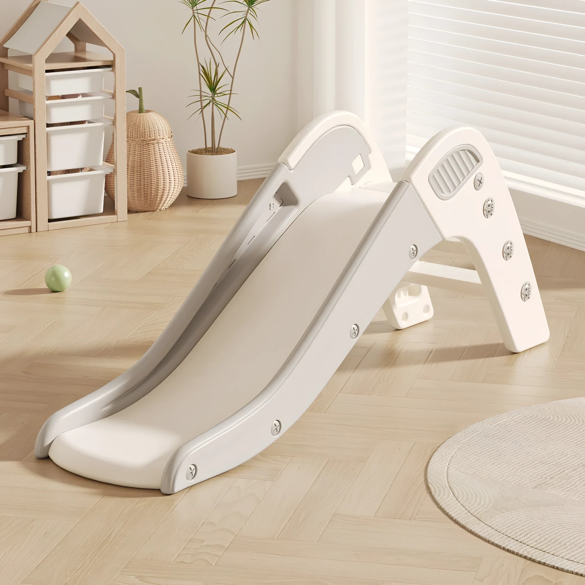 Small plastic baby slide for toddlers under 3 years in blue, yellow, brown or grey colours