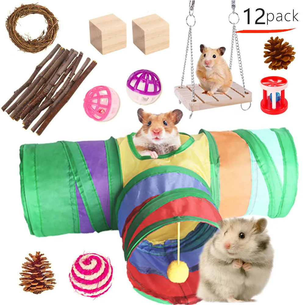 Wooden pet toy set with straw mats and woven balls for rabbits and guinea pigs