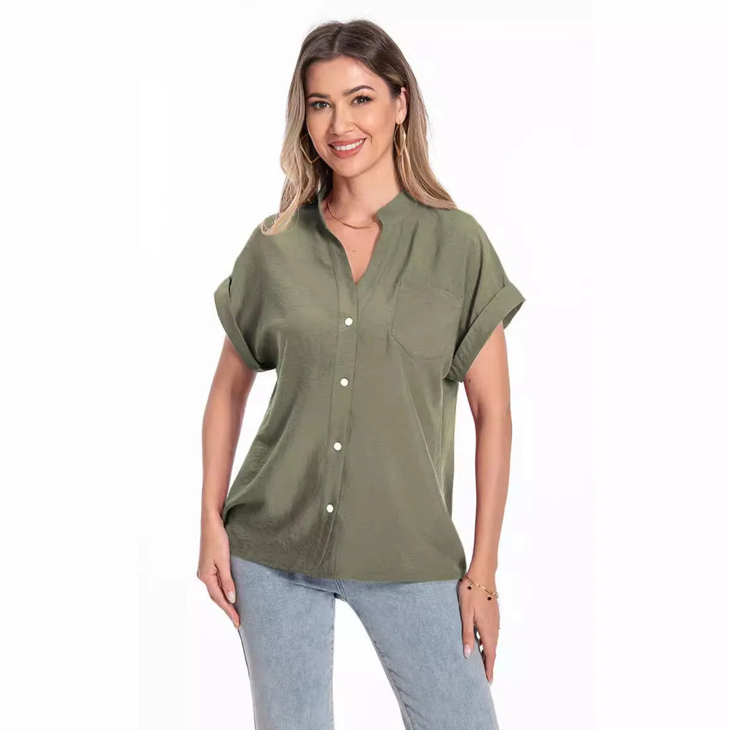 Women's loose-fit stand collar short sleeve summer top in polyester fabric