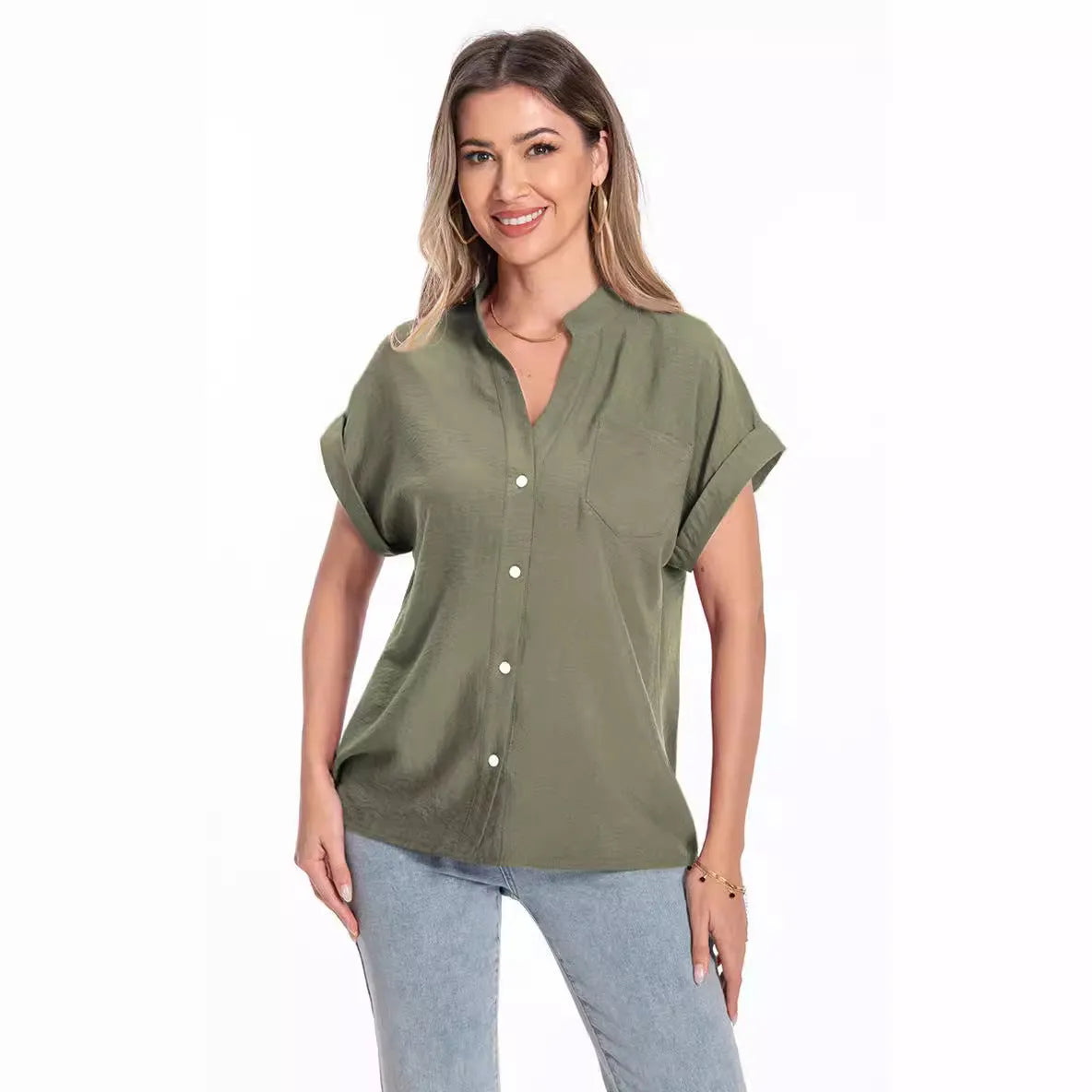 Women's loose-fit stand collar short sleeve summer top in polyester fabric