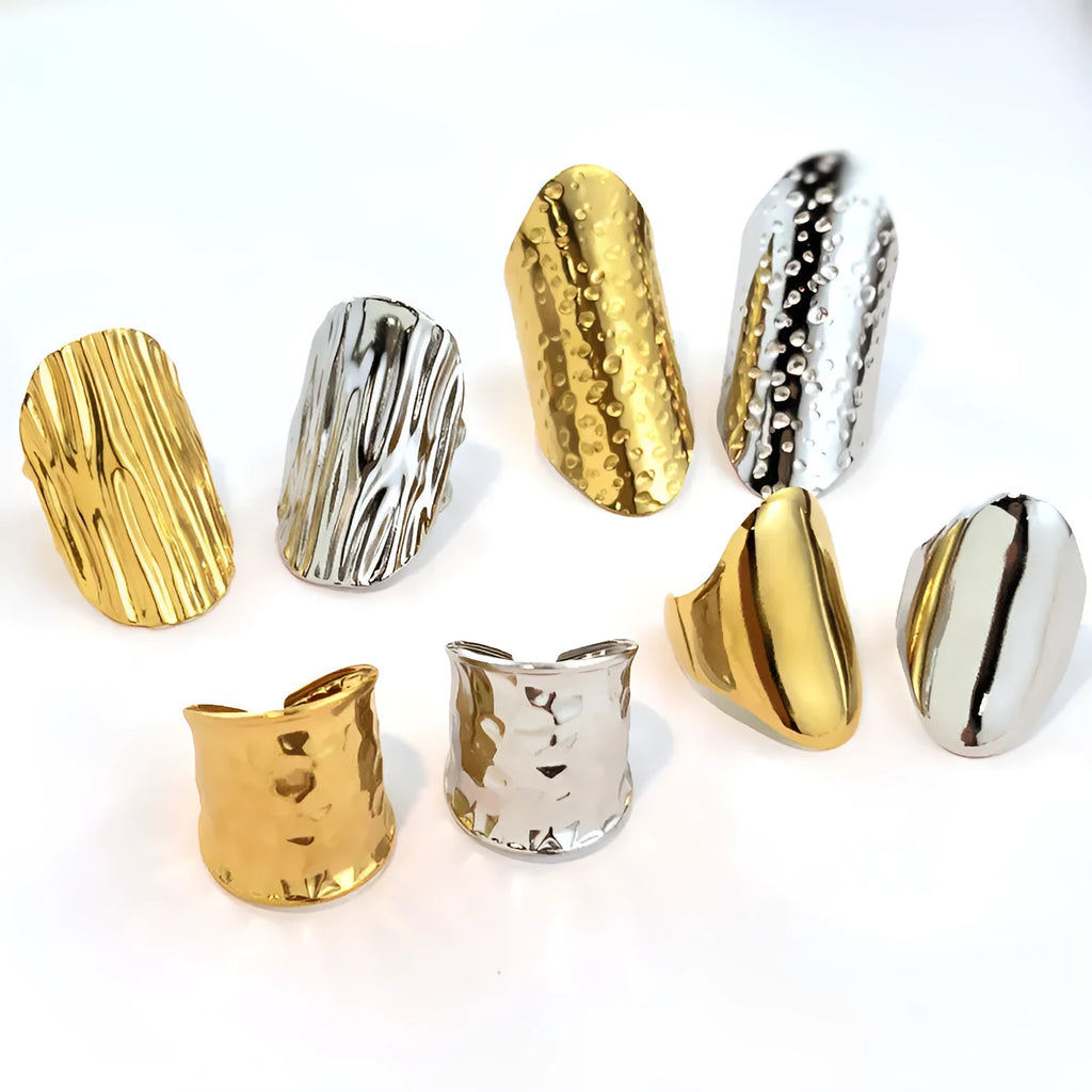 Geometric gold plated stainless steel open ring with striped design, unisex style on finger