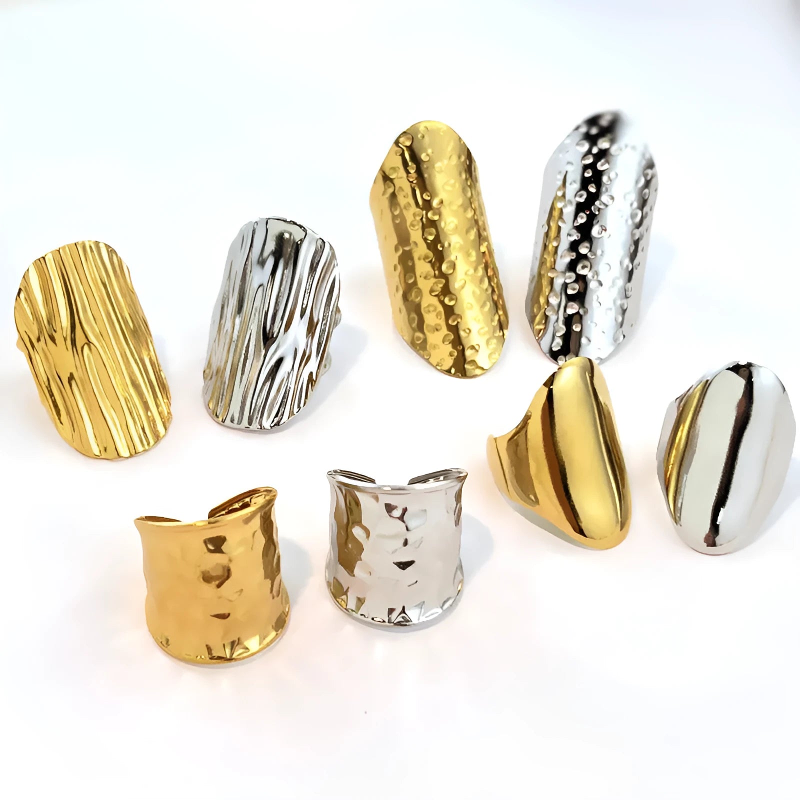 Geometric gold plated stainless steel open ring with striped design, unisex style on finger