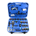 28-piece automotive radiator pressure tester kit with vacuum purge tools in blue plastic storage case