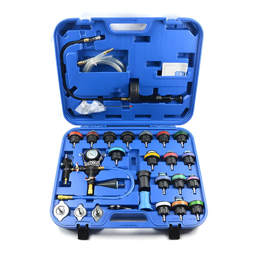 28-piece automotive radiator pressure tester kit with vacuum purge tools in blue plastic storage case