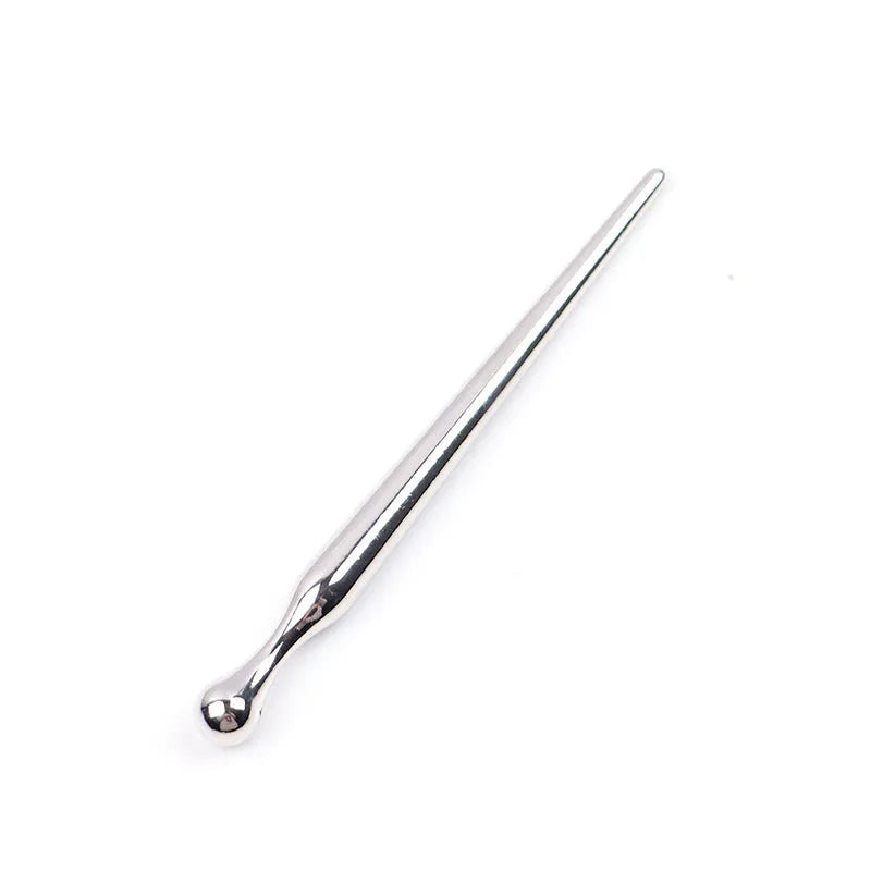 Silver metal urethral stimulation plug stick with round beads and a horse eye end design.