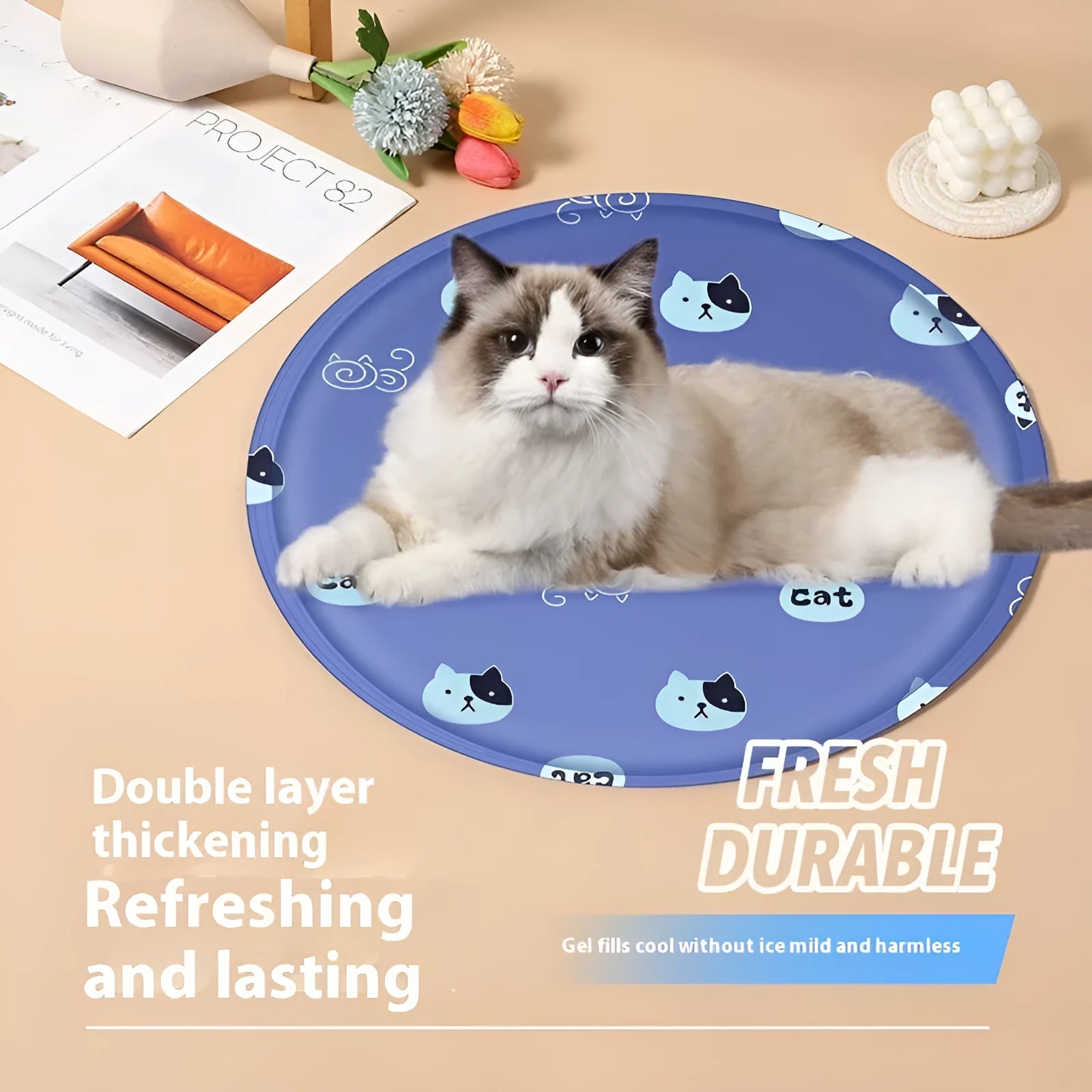 Round pet cooling mat with cartoon animal design for dogs in beige bunny pattern