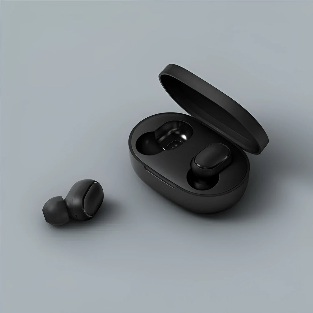 Redmi AirDots 2 black true wireless earbuds next to their compact charging case on a white background.