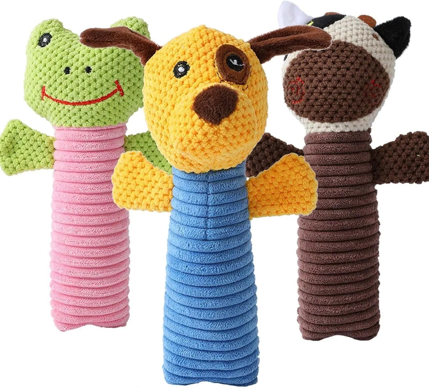 Squeaky plush dog chew toy in animal shape for dental cleaning, 19cm size suitable for all breeds