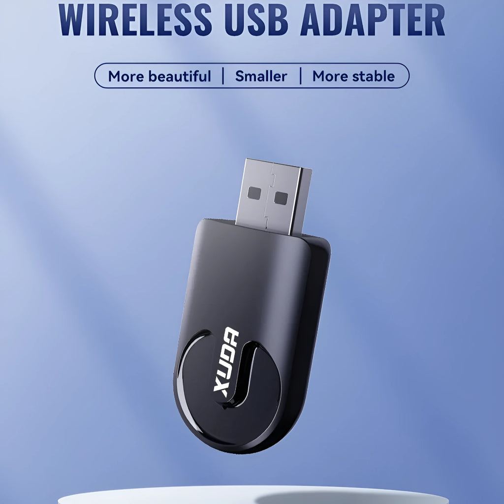 Small black Mini 2-in-1 CarPlay wireless USB adapter showing compact size and USB connector.