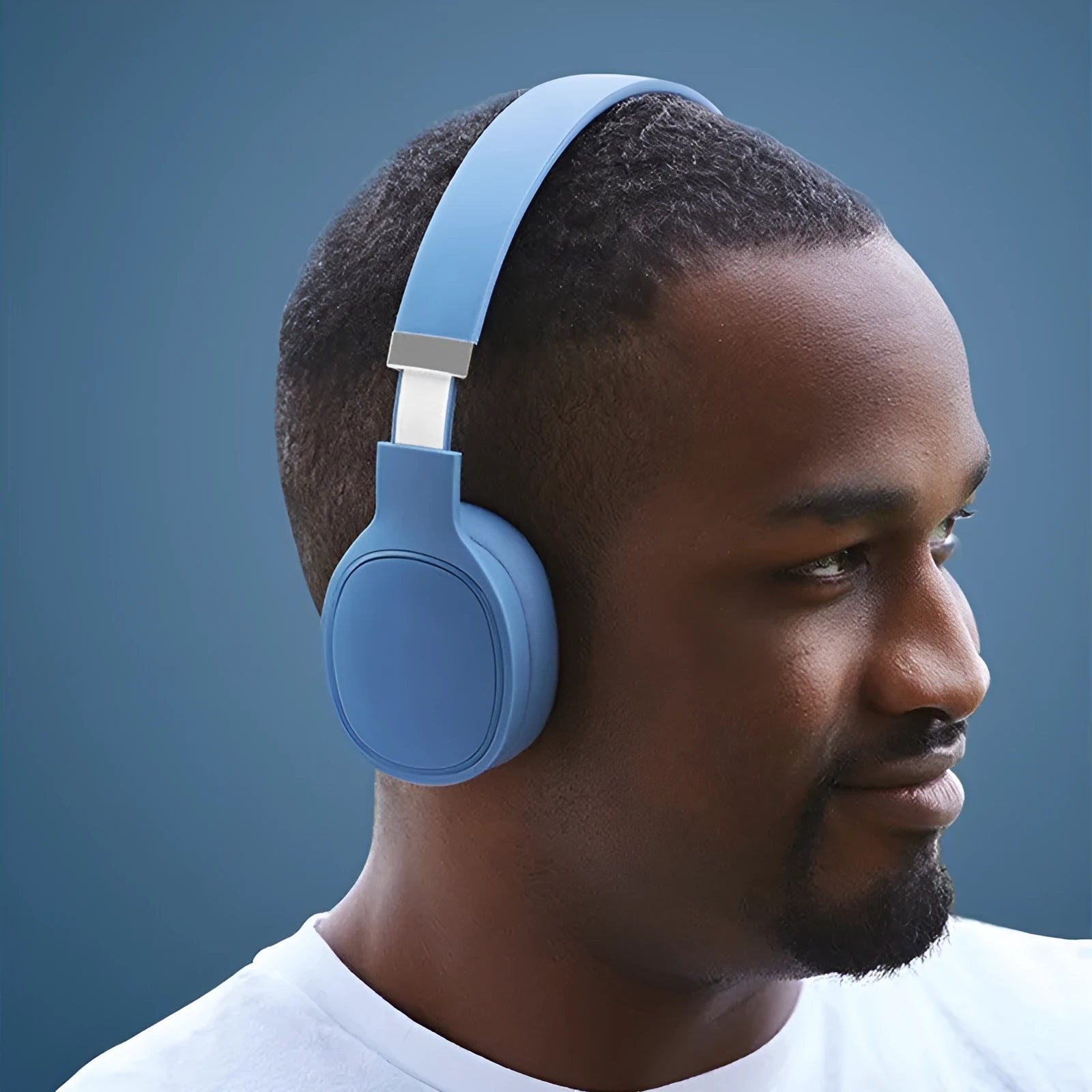 Wireless Bluetooth headset with earpieces connected by wire, shown in black, blue, grey and white colour options