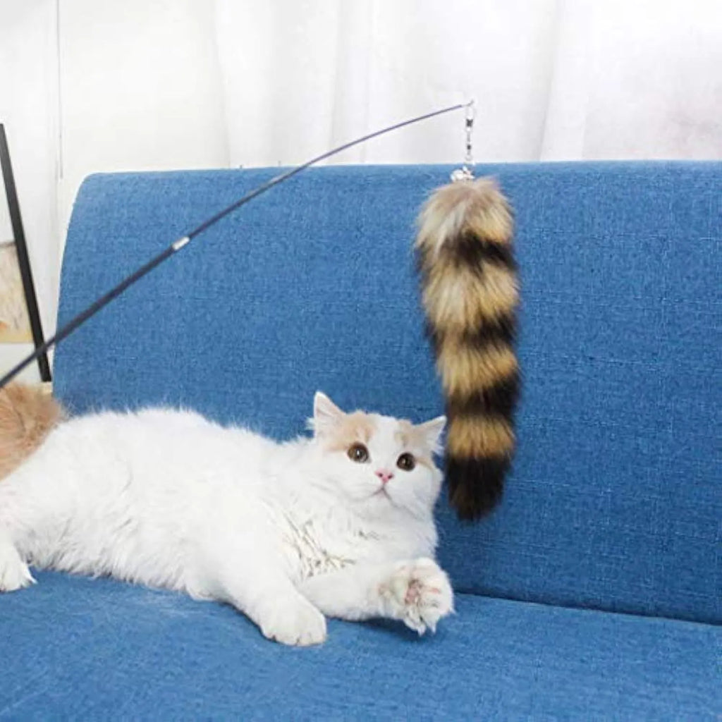 Black cat toy wand with elastic string attachment for interactive indoor play