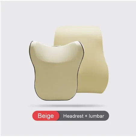 Car headrest set with memory foam cotton pillow and lumbar support in breathable fabric on car seat