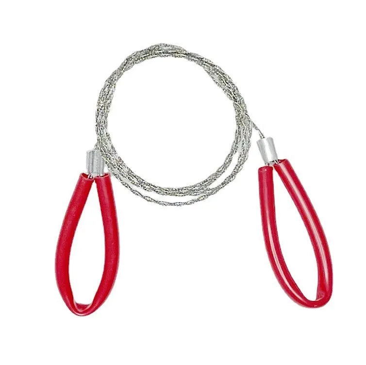 Compact black leather case containing a coiled red steel wire survival saw for outdoor use.