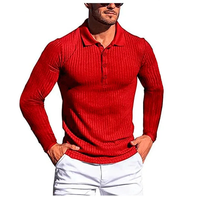 Man wearing a striped loose-fit short sleeve shirt in a high elastic knit fabric, showing the stretch and casual style.