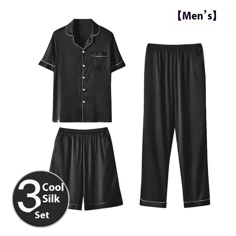 Men's ice silk three-piece home wear suit showing thin fabric, including trousers and shorts, in a selection of available colours.