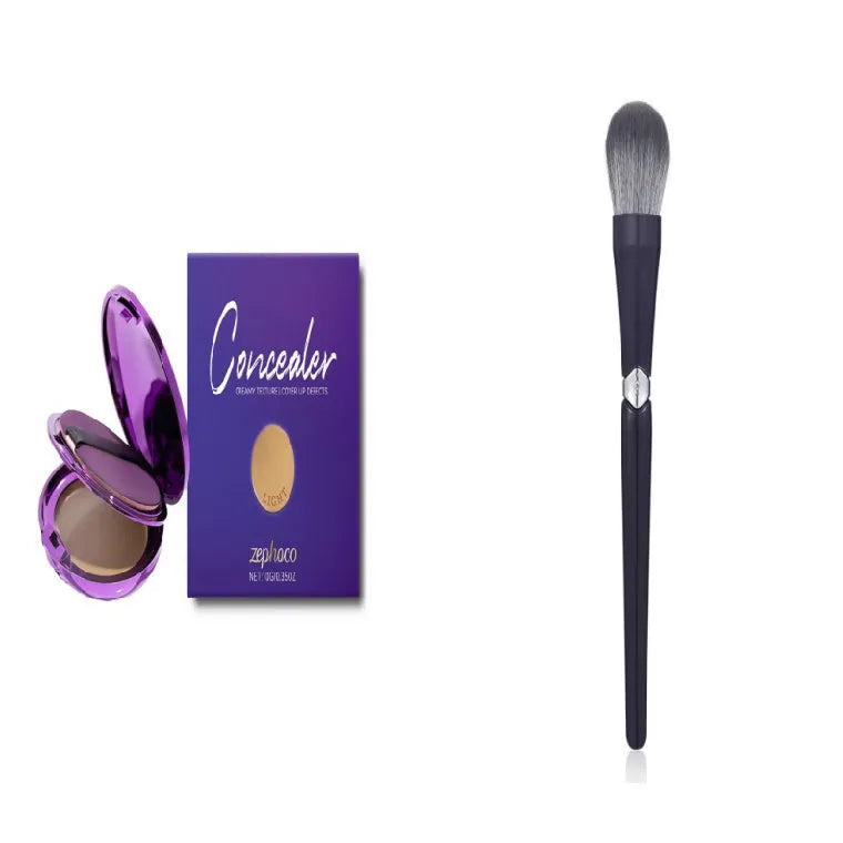 Efficient liquid concealer makeup in six colour options with water-based formula containing titanium dioxide and sweet almond oil