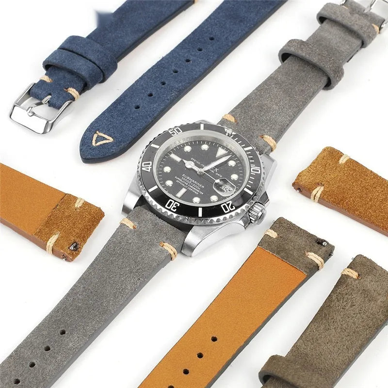 Genuine suede leather watch strap in Army Green, shown alongside brown, blue, and grey options for 20mm and 22mm watches.