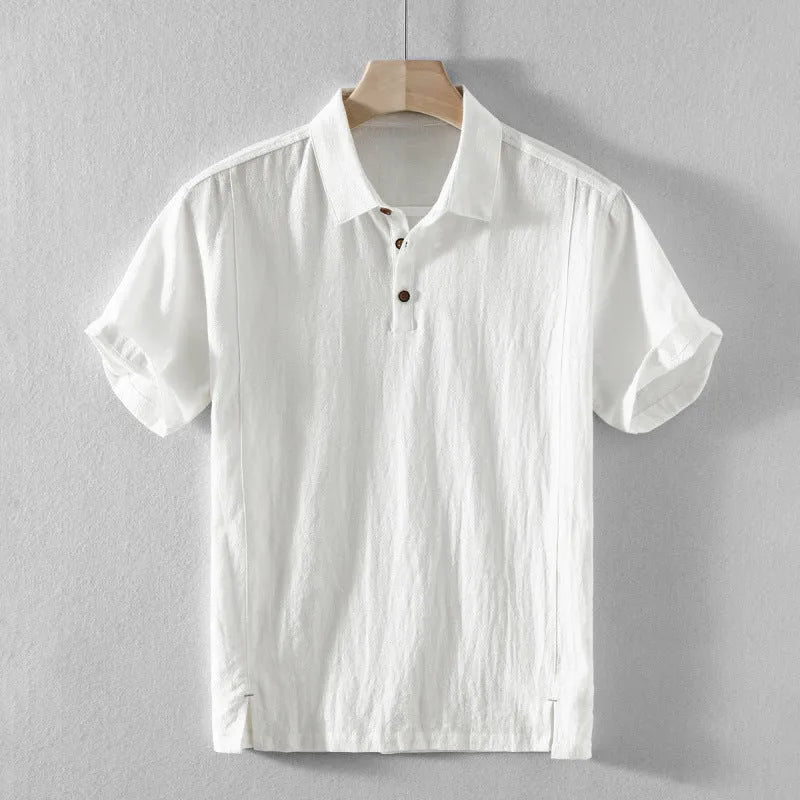 Men's loose fit linen shirt in a solid colour, shown in a light grey option.