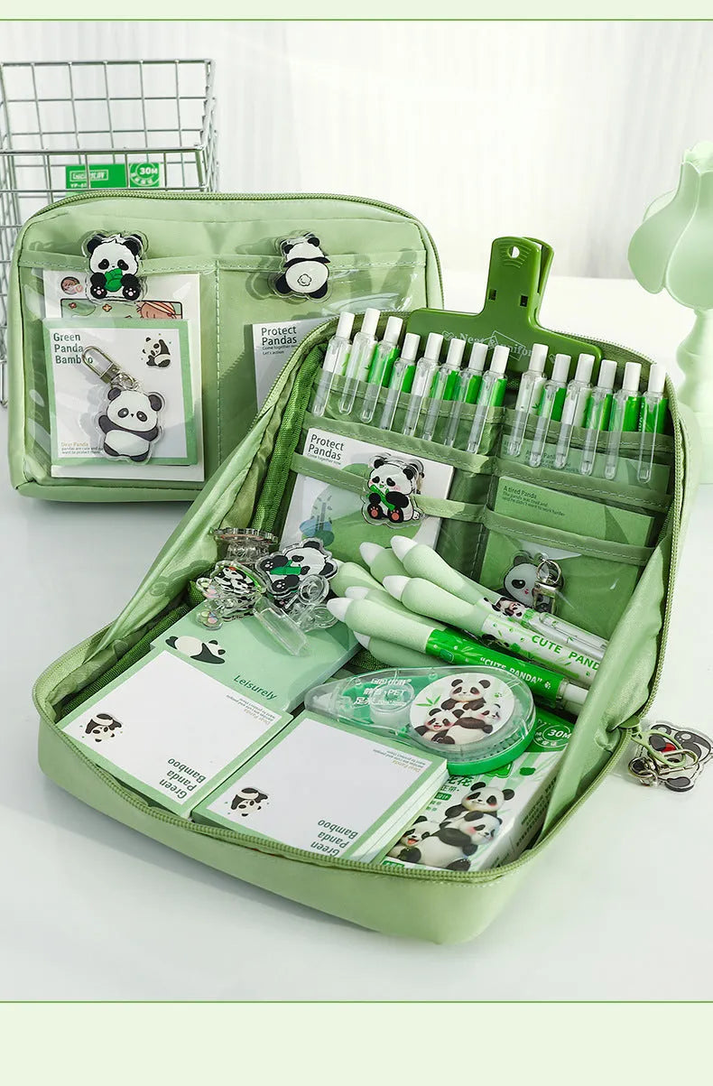 Green canvas pencil case with 12-layer panda design and multiple compartments for stationery organisation