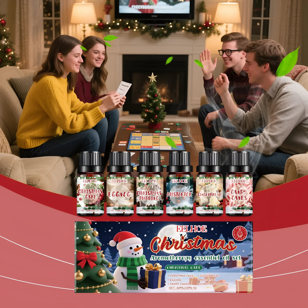 Christmas aromatherapy oil set showing six bottles with holiday scents for home fragrance