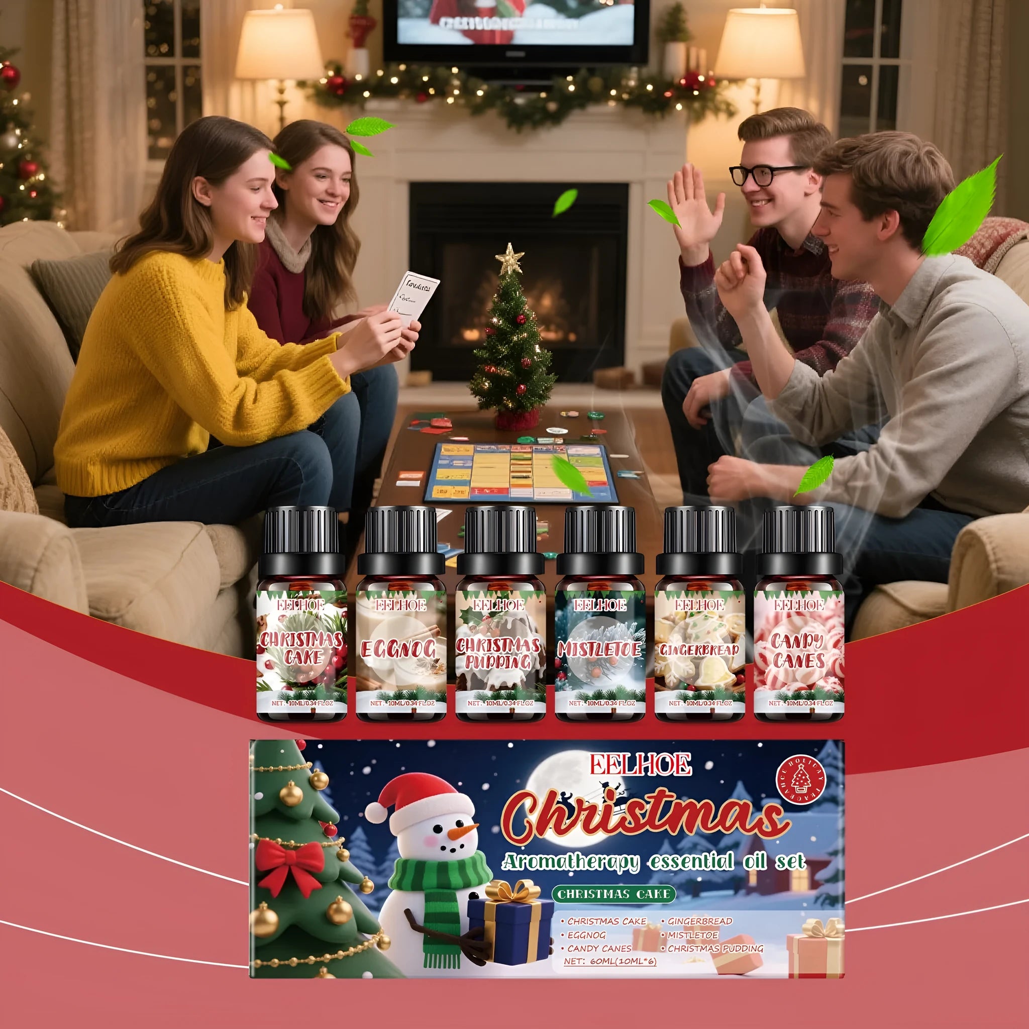 Christmas aromatherapy oil set showing six bottles with holiday scents for home fragrance