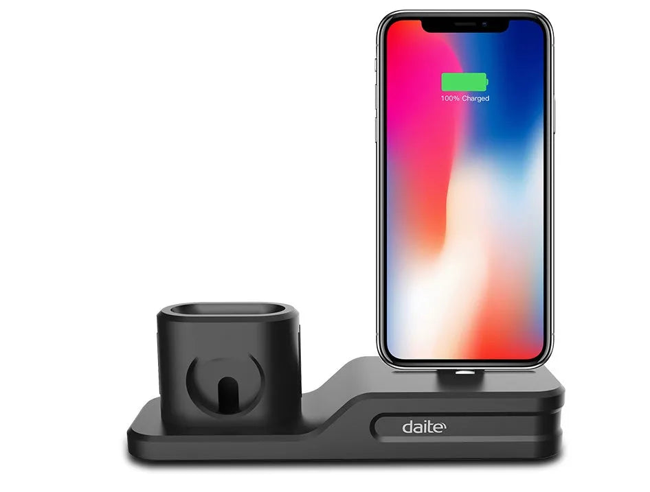 Black silicone 3-in-1 charging station for Apple iPhone, iWatch and AirPods on a desktop