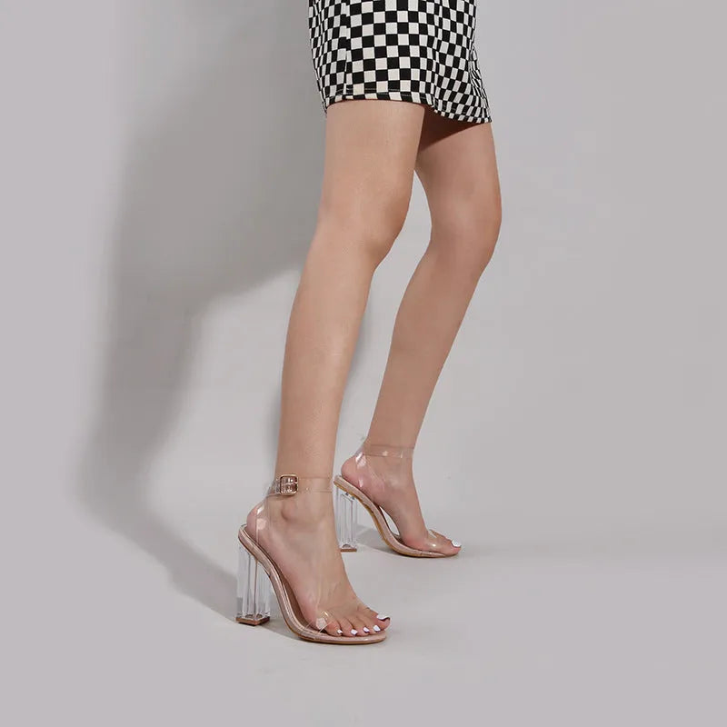 Women's apricot high heel sandals with glass heel and round toe design with buckle closure