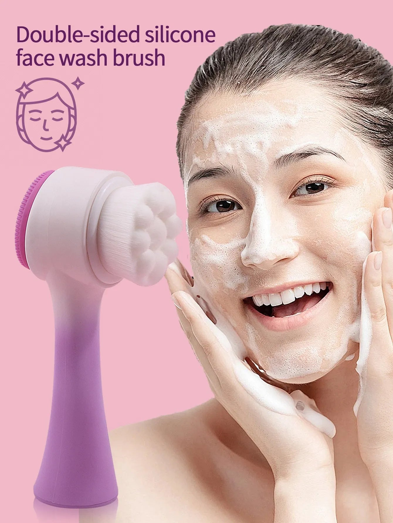 Facial brush and coral fleece hair band set in purple, grey, white, and pink colours.