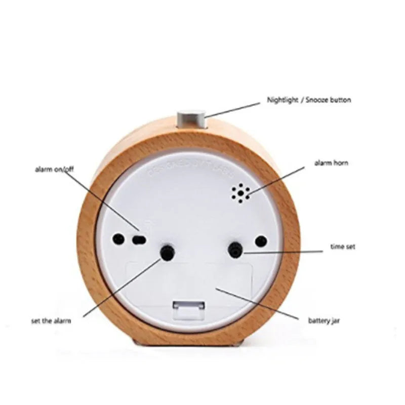 Solid beech wood silent alarm clock measuring 9.5cm with wood finish and clear dial