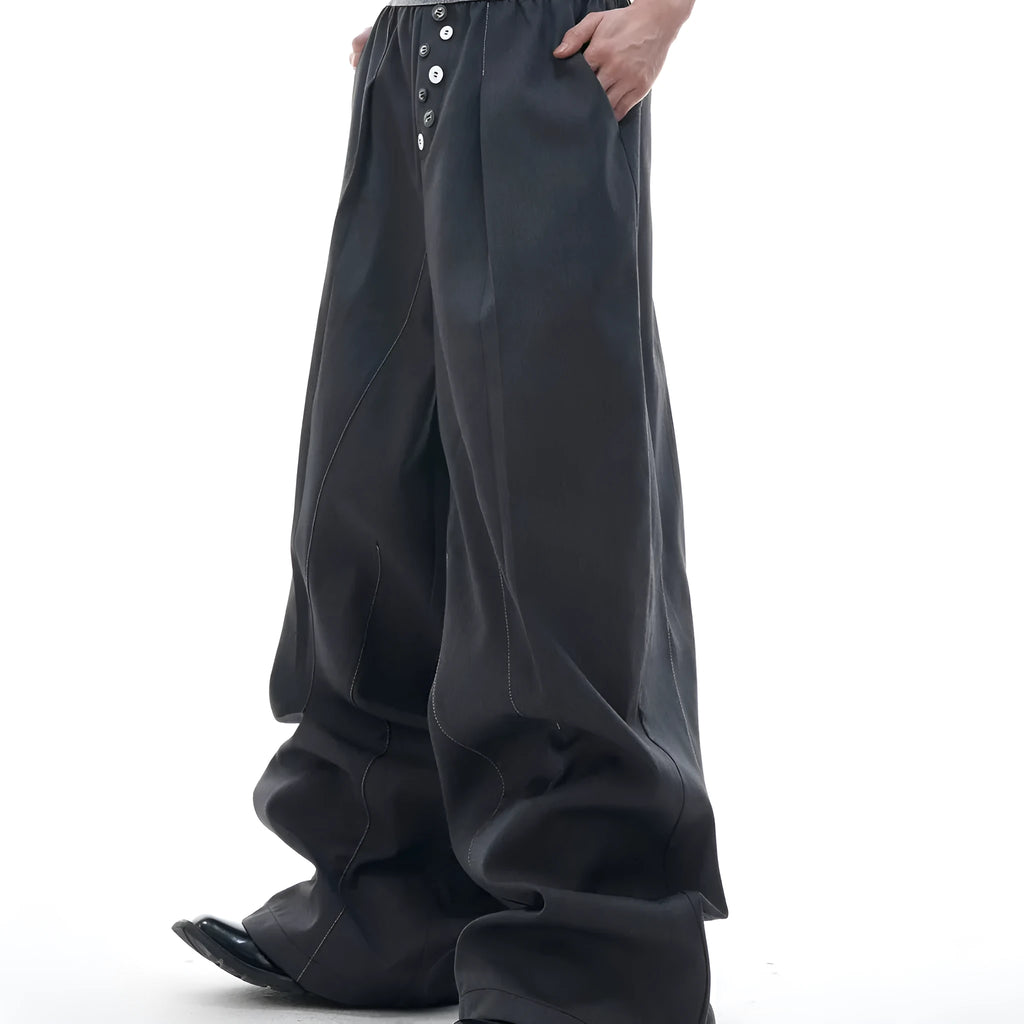 Straight-leg high-waist trousers with button-open line design in polyester cotton blend fabric