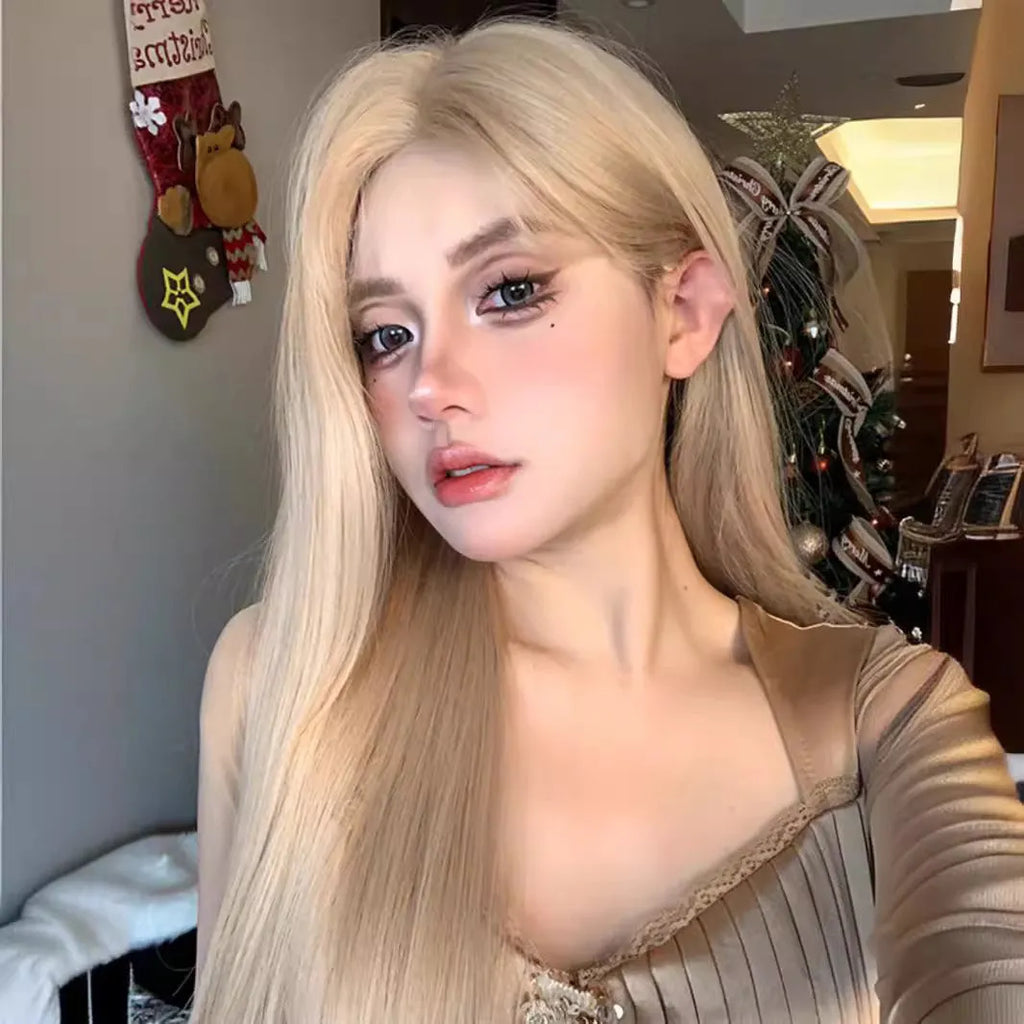 Full hair type women's long straight Milk Tea Gold wig on mannequin head with matching hair net