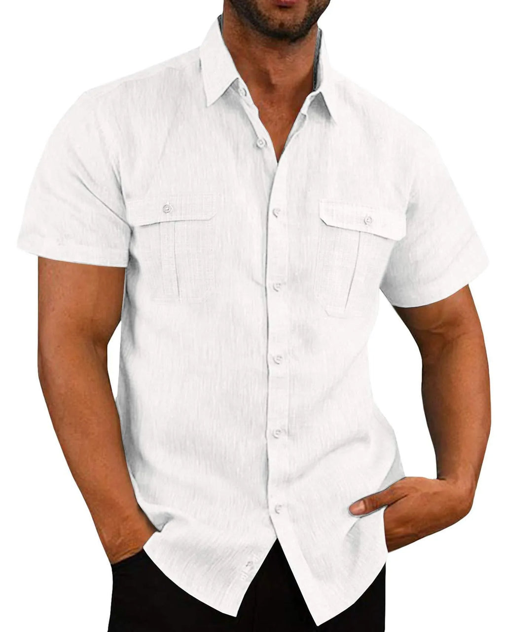 Men's solid colour hemp blend short sleeve shirt with double pockets and wide collar, front view