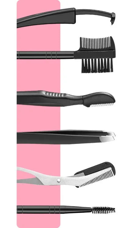 Black eyebrow trimmer set with stainless steel blade and compact 14x10x2cm size on a plain background.