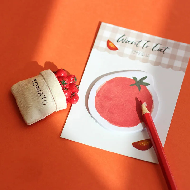 Food-themed pocket note paper cards in bread, tomato, and yoghurt colours, sized 85mm by 120mm.