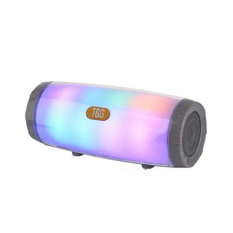 Portable Bluetooth speaker with coloured LED lights in a choice of five colours including black and blue.
