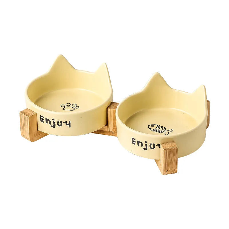 Porcelain cat bowl with wooden anti-tumble frame in chosen colour with cat ear design