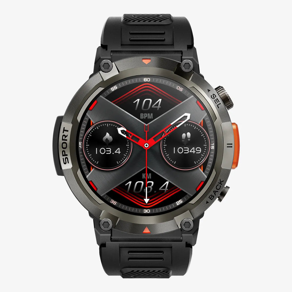 Outdoor smartwatch with round TFT screen, zinc alloy case, and classic buckle strap on a wrist