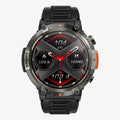 Outdoor smartwatch with round TFT screen, zinc alloy case, and classic buckle strap on a wrist