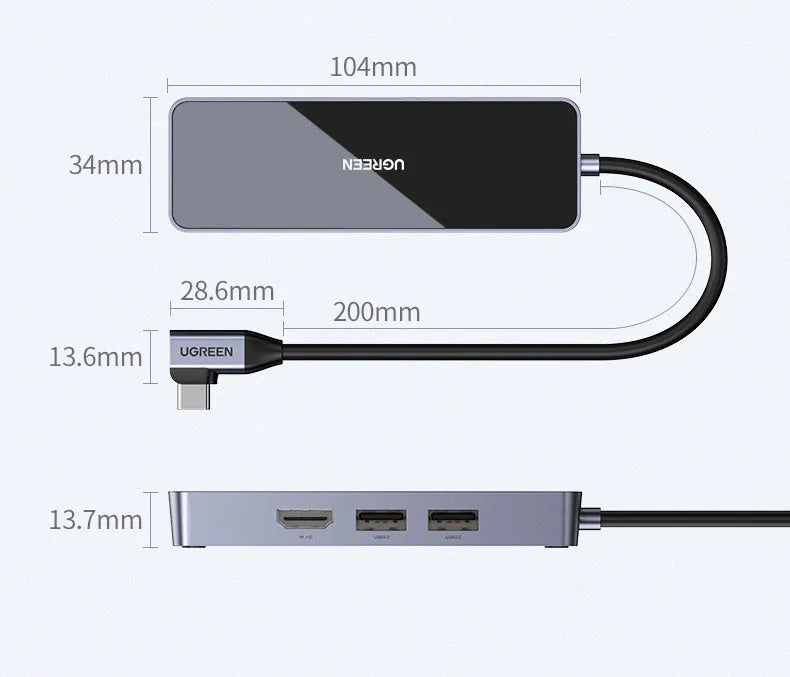 Space Gray 4-in-1 USB 3.0 hub adapter with HDMI, Gigabit Ethernet, and two USB ports on a 0.2m cable