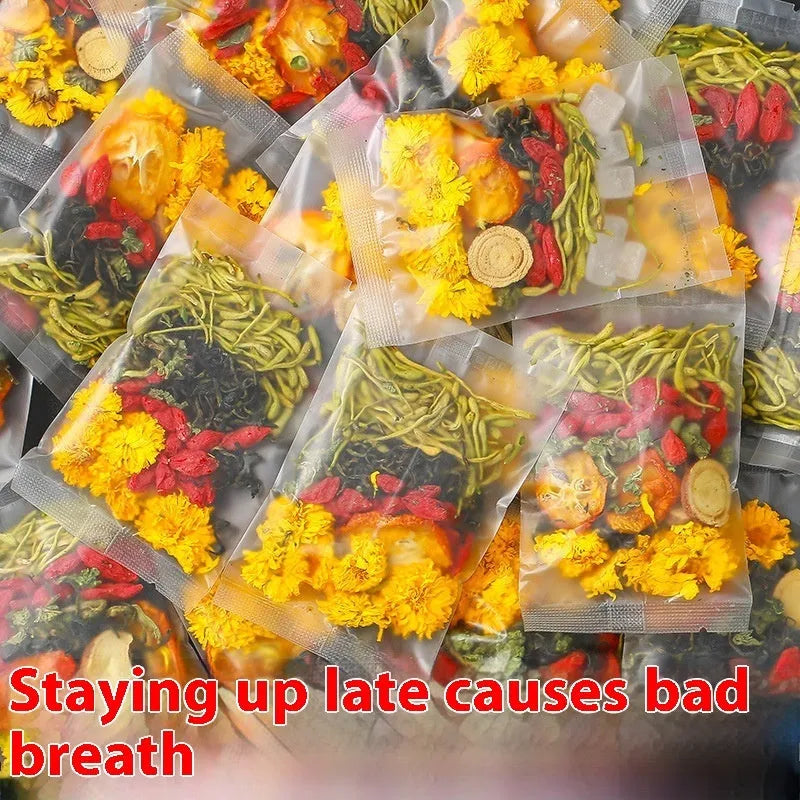 Box of honeysuckle chrysanthemum loose leaf herbal tea showing 150g net weight