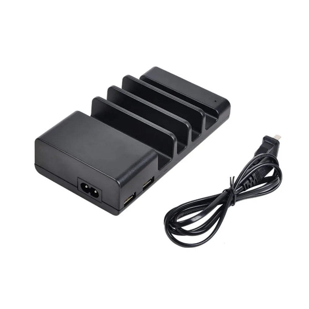 Black plastic Smart universal phone desktop fast charger with USB interface on white background